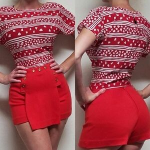 VINTAGE Bobbie Brooks Red Floral Extra High Rise Skort Booty Shorts Blouse Set